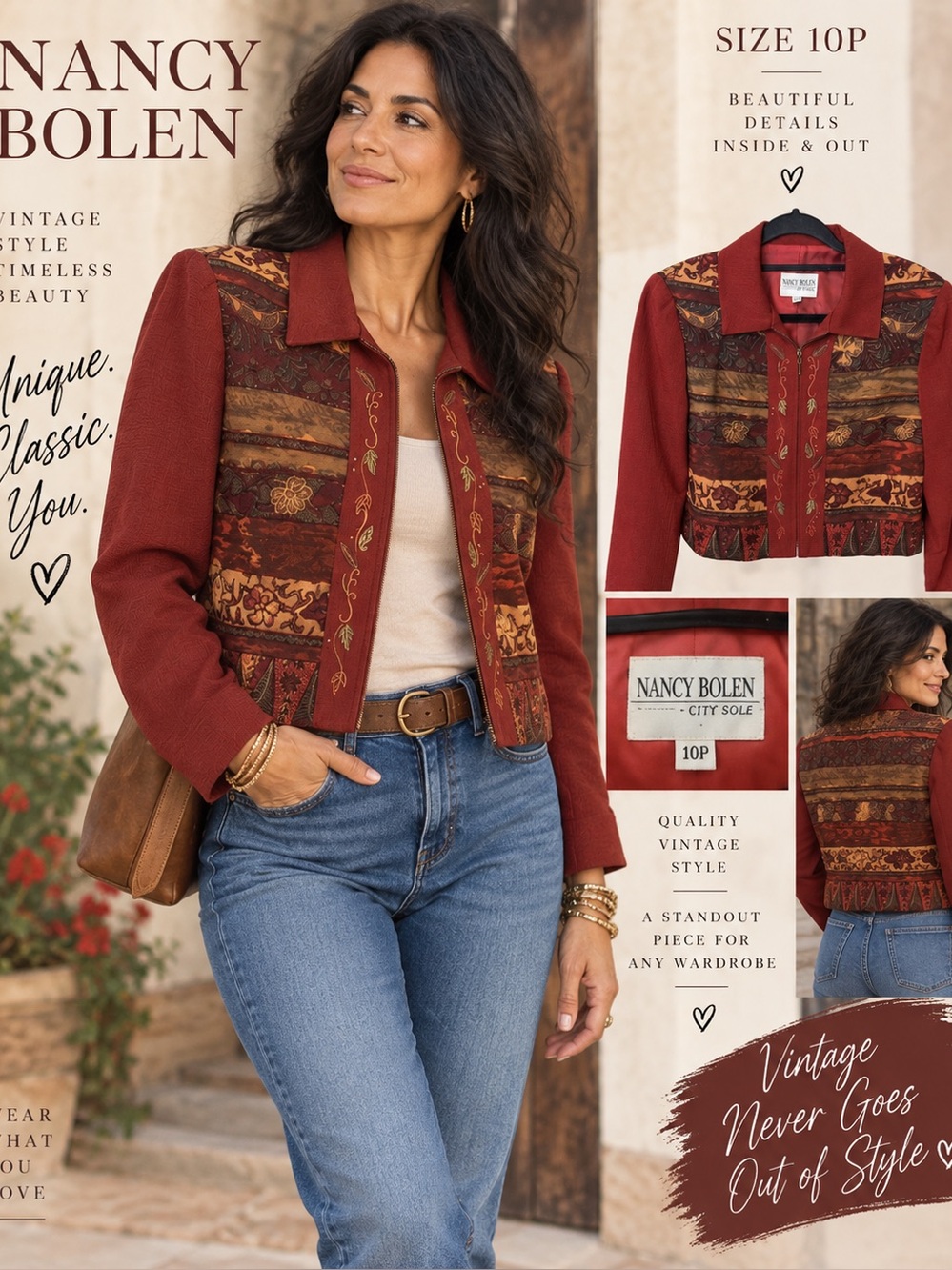 Vintage Women’s Rust Red Patterned Zip-Front Jacket with Embroidered Front